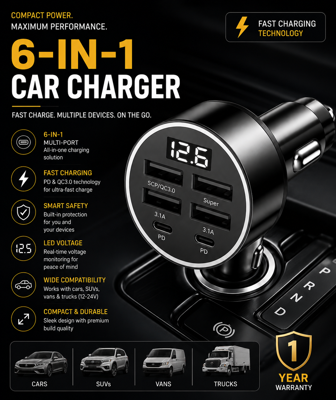 6 in 1 Car Charger
